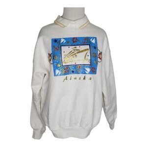 90s Alaska Cruise Sweatshirt Metallic Gold Nautical White Fleece Women Large